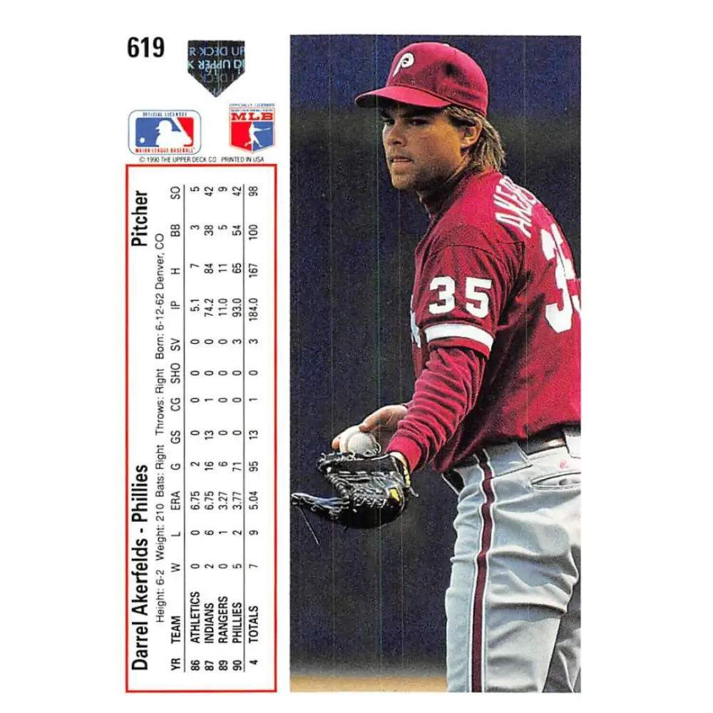 1991 Upper Deck #619 Darrel Akerfelds NM-MT Philadelphia Phillies Baseball Card Image 2