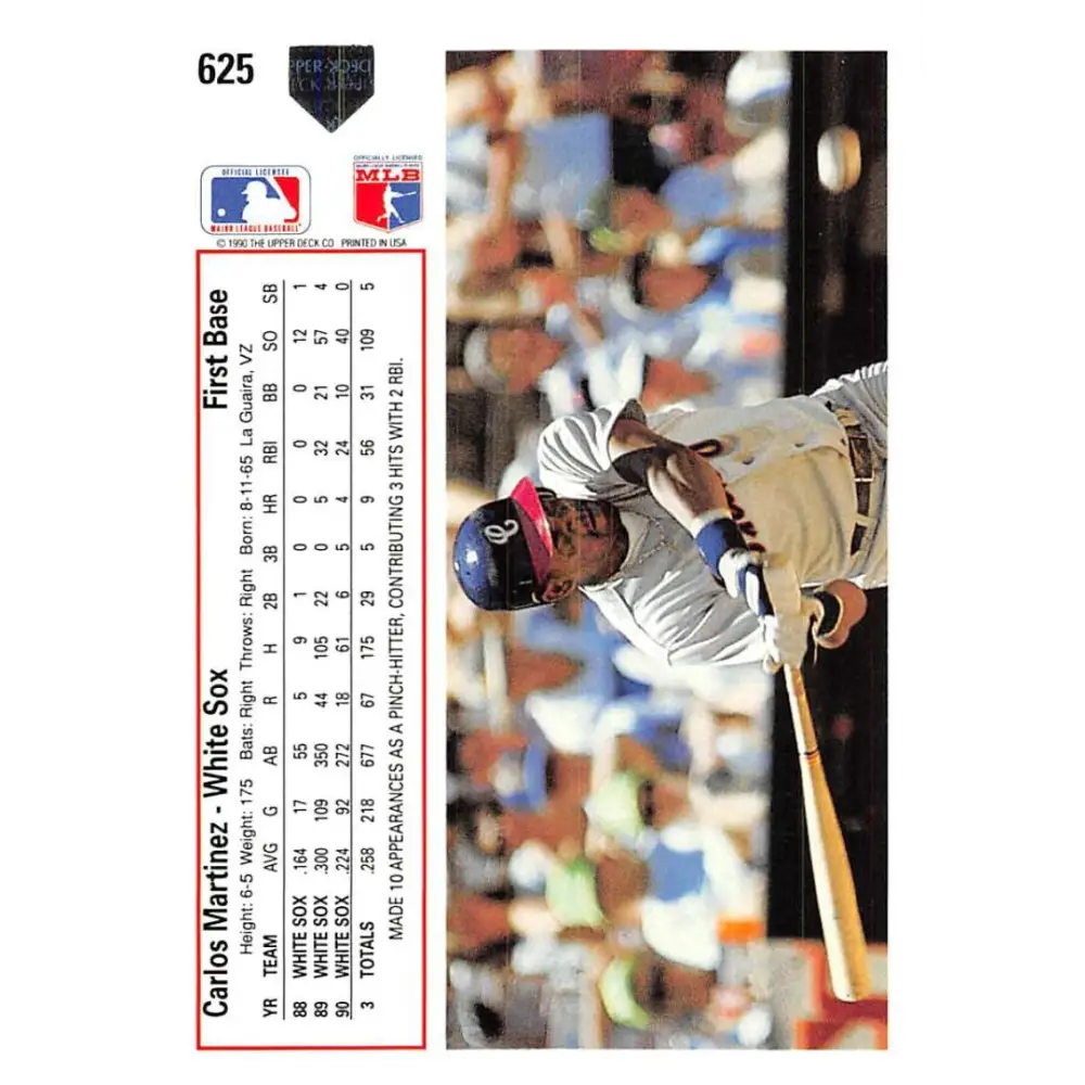 1991 Upper Deck #625 Carlos Martinez EX Excellent Chicago White Sox Baseball Card Image 2