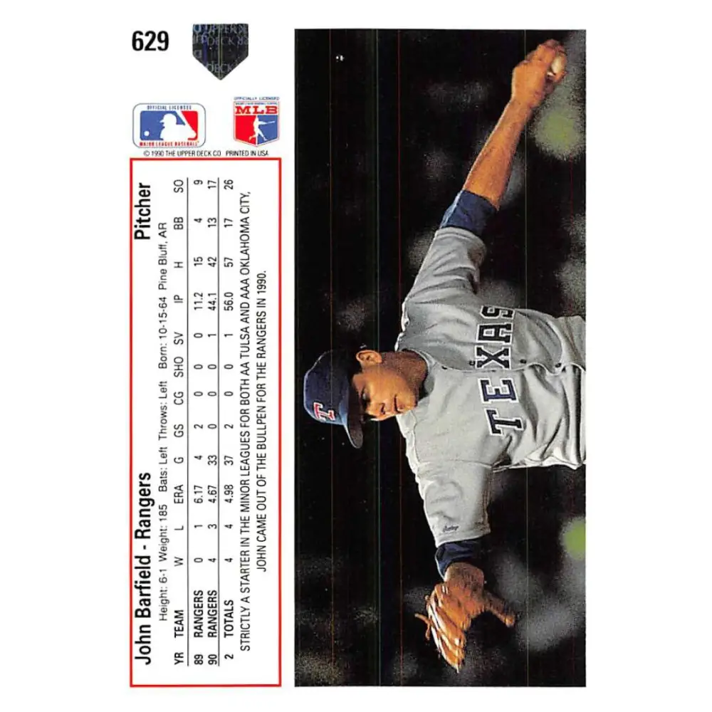 1991 Upper Deck #629 John Barfield EX Excellent Texas Rangers Baseball Card Image 2