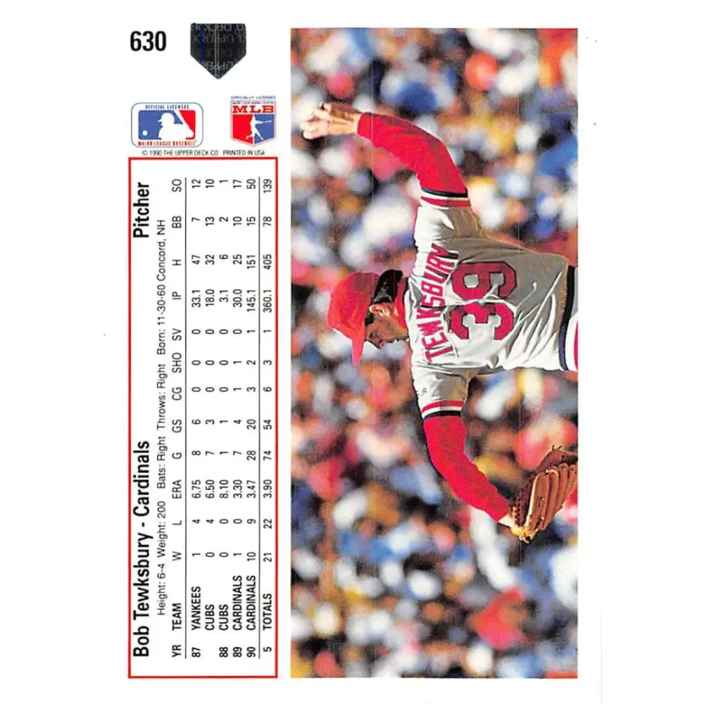 1991 Upper Deck #630 Bob Tewksbury NM-MT St. Louis Cardinals Baseball Card Image 2