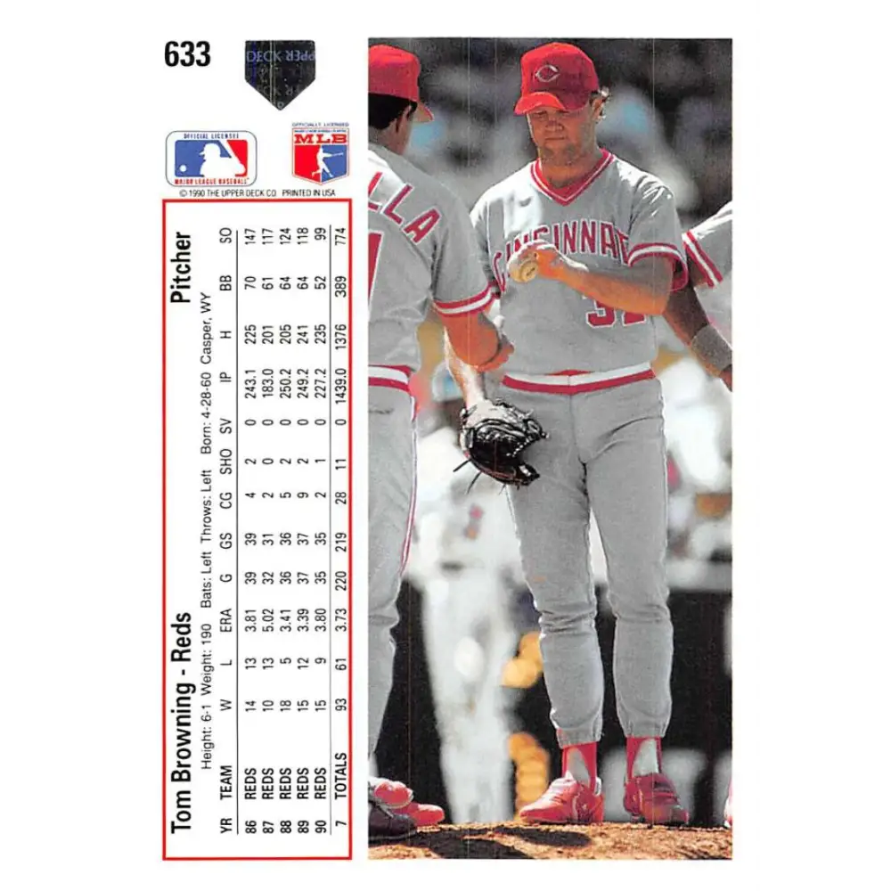 1991 Upper Deck #633 Tom Browning NM-MT Cincinnati Reds Baseball Card Image 2
