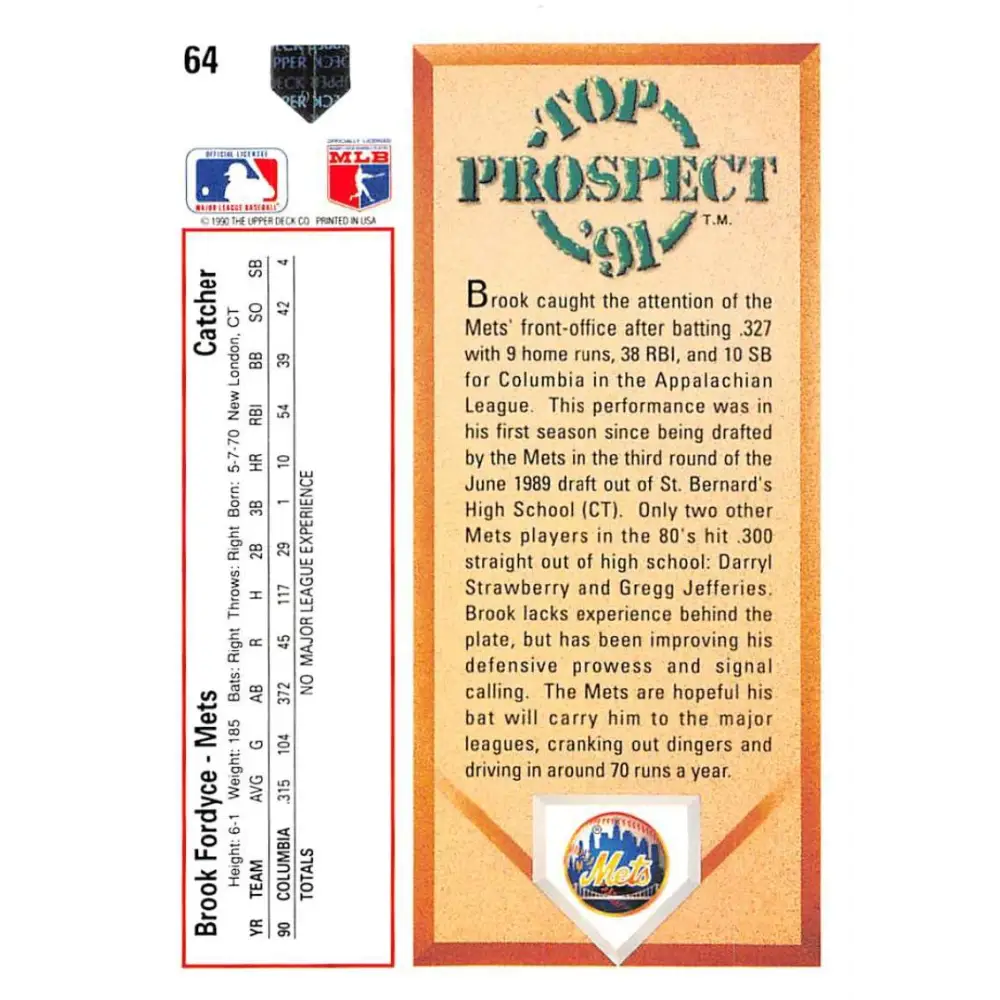 1991 Upper Deck #64 Brook Fordyce EX Excellent RC Rookie New York Mets Baseball Card Image 2