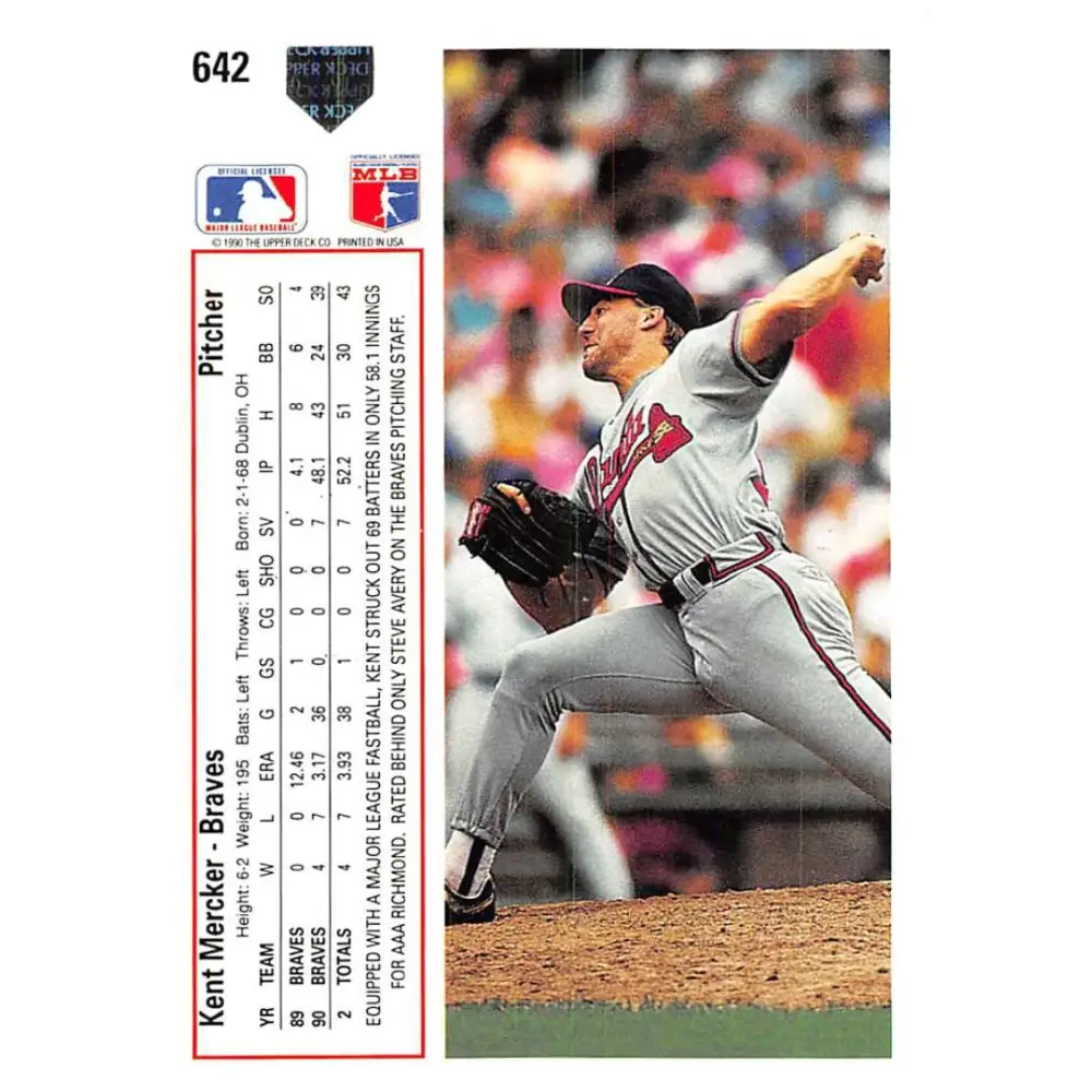 1991 Upper Deck #642 Kent Mercker EX Excellent Atlanta Braves Baseball Card Image 2