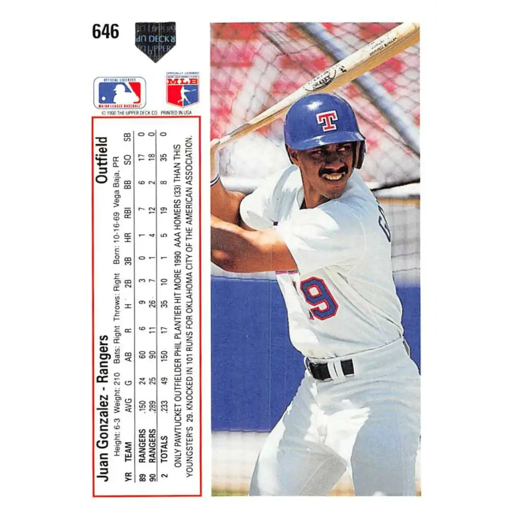 1991 Upper Deck #646 Juan Gonzalez NM-MT Texas Rangers Baseball Card Image 2