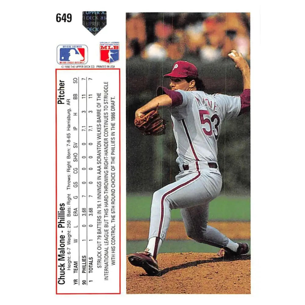 1991 Upper Deck #649 Chuck Malone EX Excellent Philadelphia Phillies Baseball Card Image 2