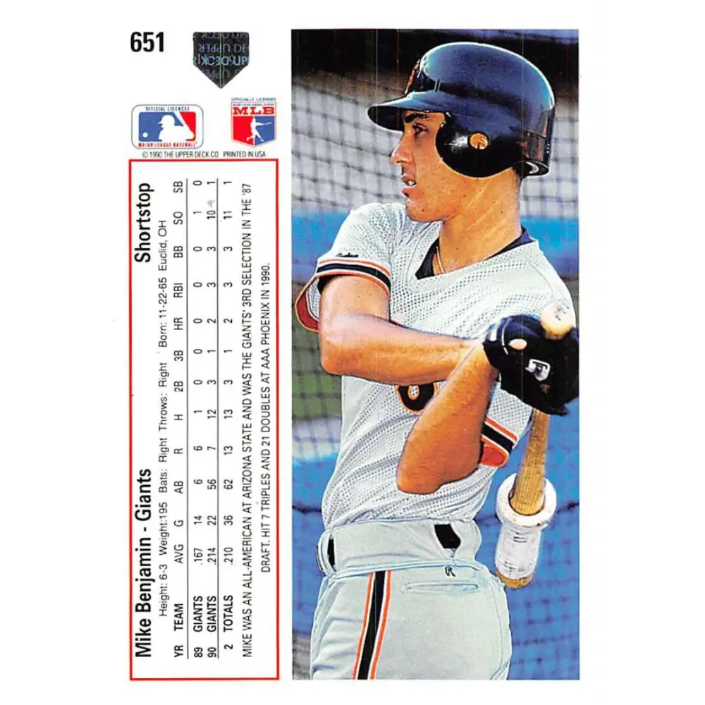1991 Upper Deck #651 Mike Benjamin EX Excellent San Francisco Giants Baseball Card Image 2