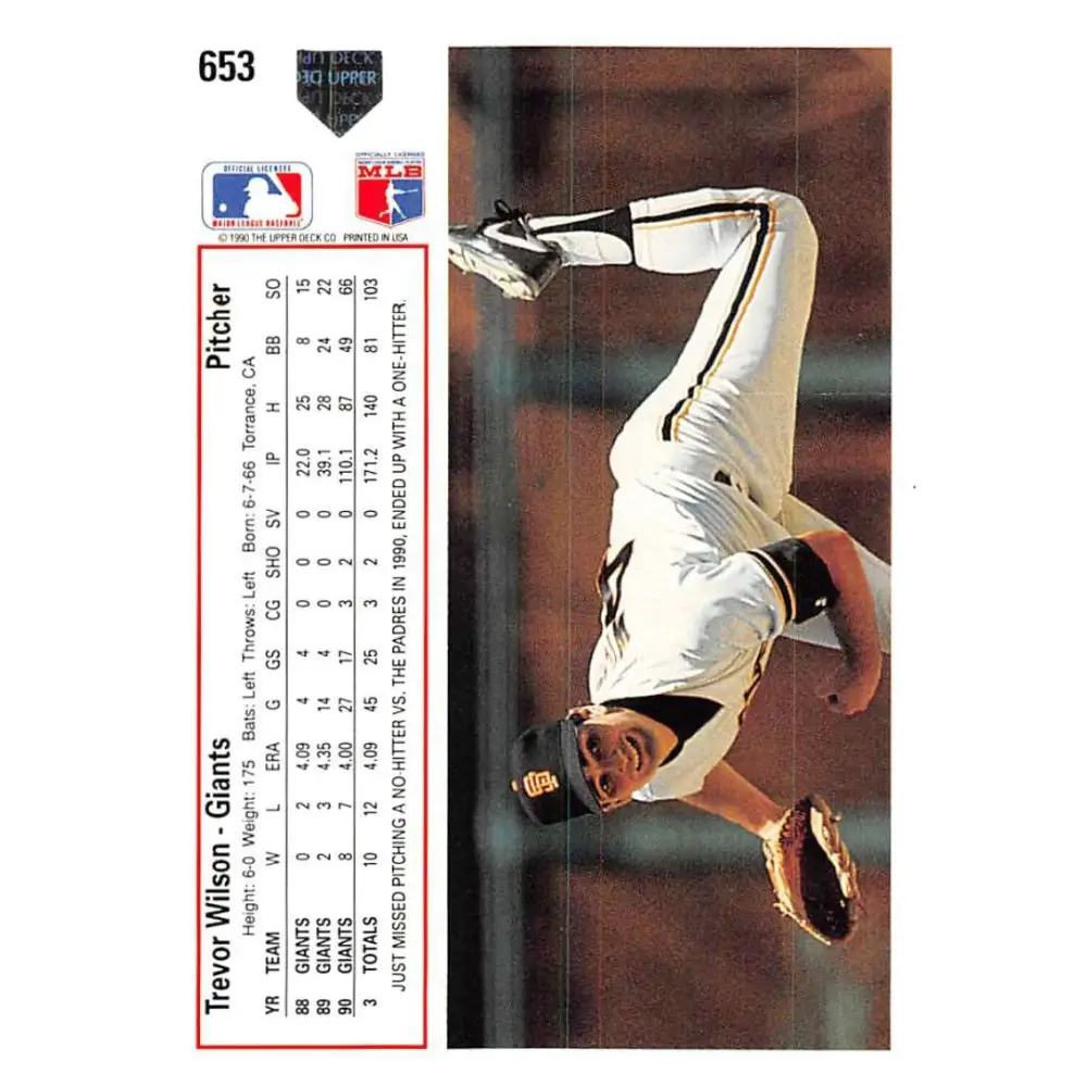 1991 Upper Deck #653 Trevor Wilson EX Excellent San Francisco Giants Baseball Card Image 2