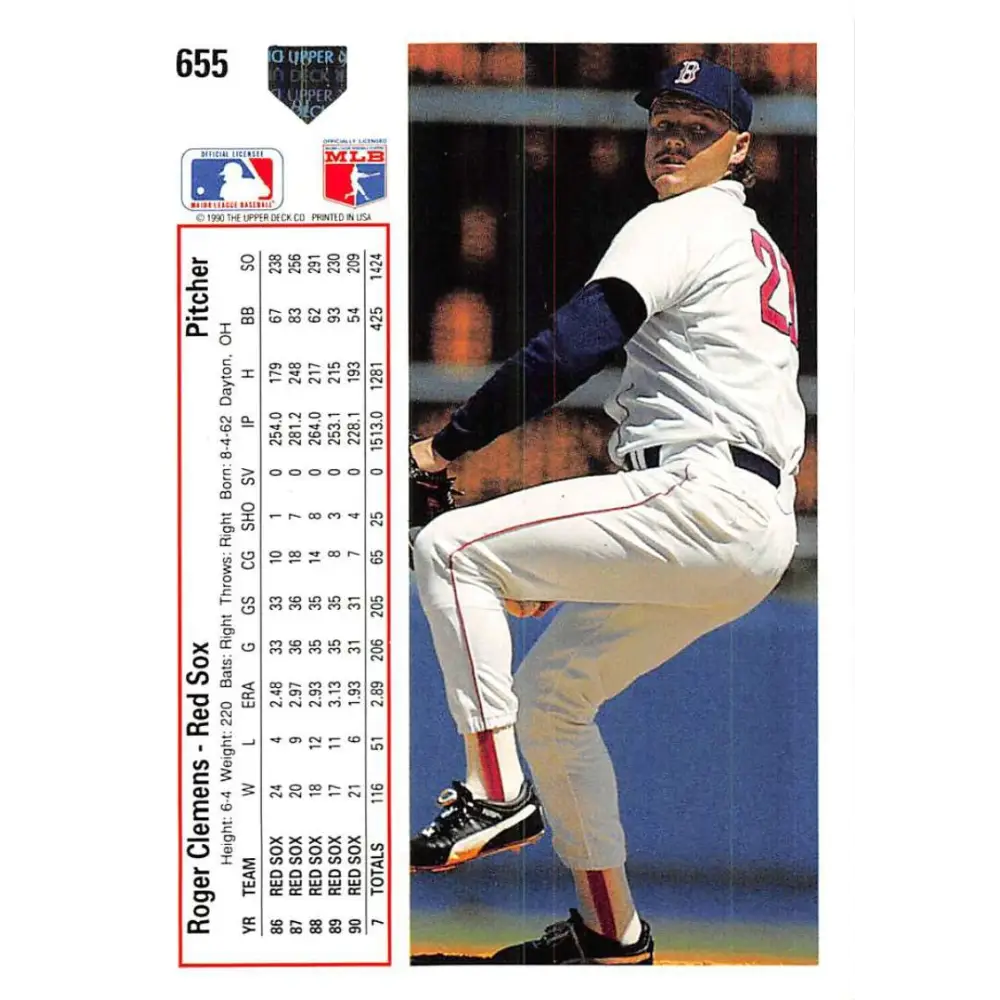 1991 Upper Deck #655 Roger Clemens EX Excellent Boston Red Sox Baseball Card Image 2