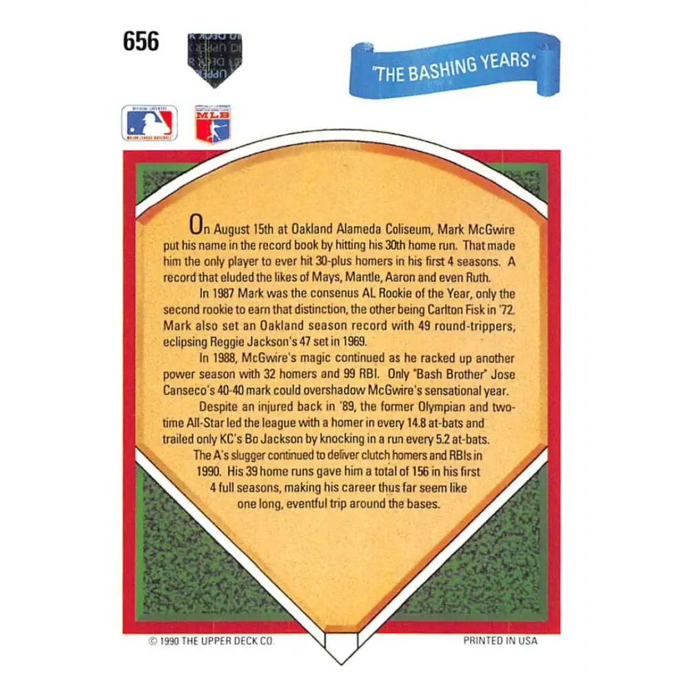 1991 Upper Deck #656 Mark McGwire EX Excellent Oakland Athletics Baseball Card Image 2
