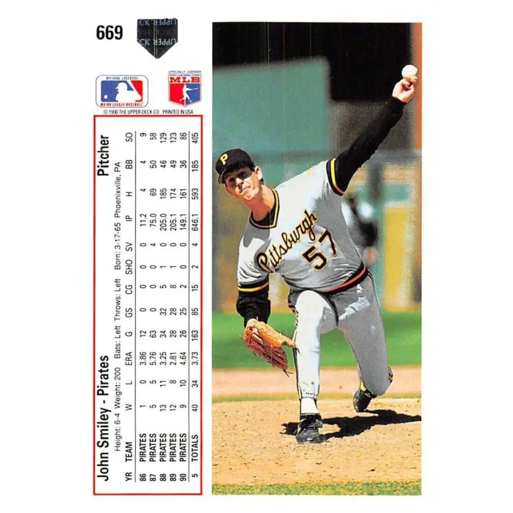 1991 Upper Deck #669 John Smiley EX Excellent Pittsburgh Pirates Baseball Card Image 2