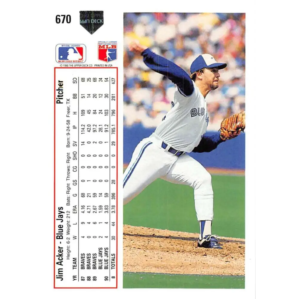 1991 Upper Deck #670 Jim Acker NM-MT Toronto Blue Jays Baseball Card Image 2