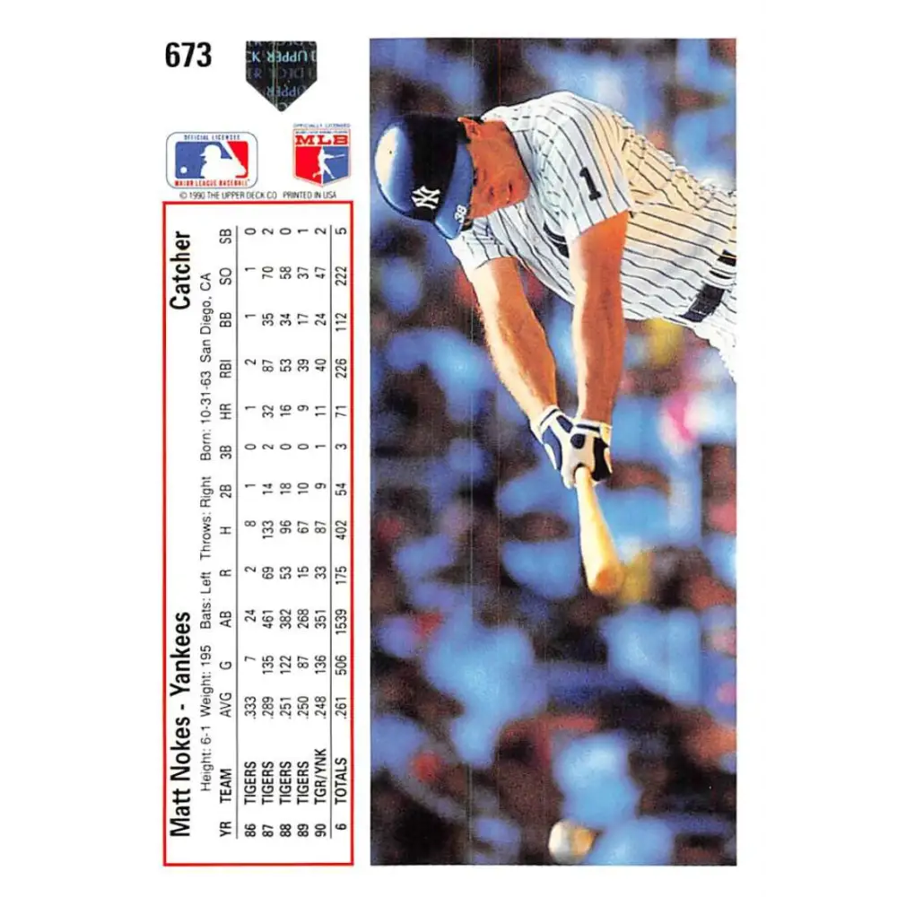 1991 Upper Deck #673 Matt Nokes EX Excellent New York Yankees Baseball Card Image 2