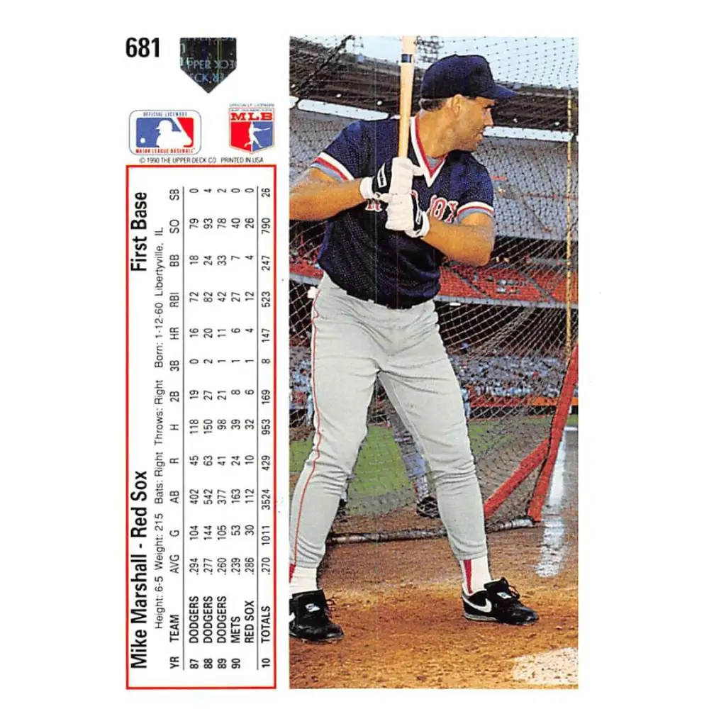 1991 Upper Deck #681 Mike Marshall EX Excellent Boston Red Sox Baseball Card Image 2