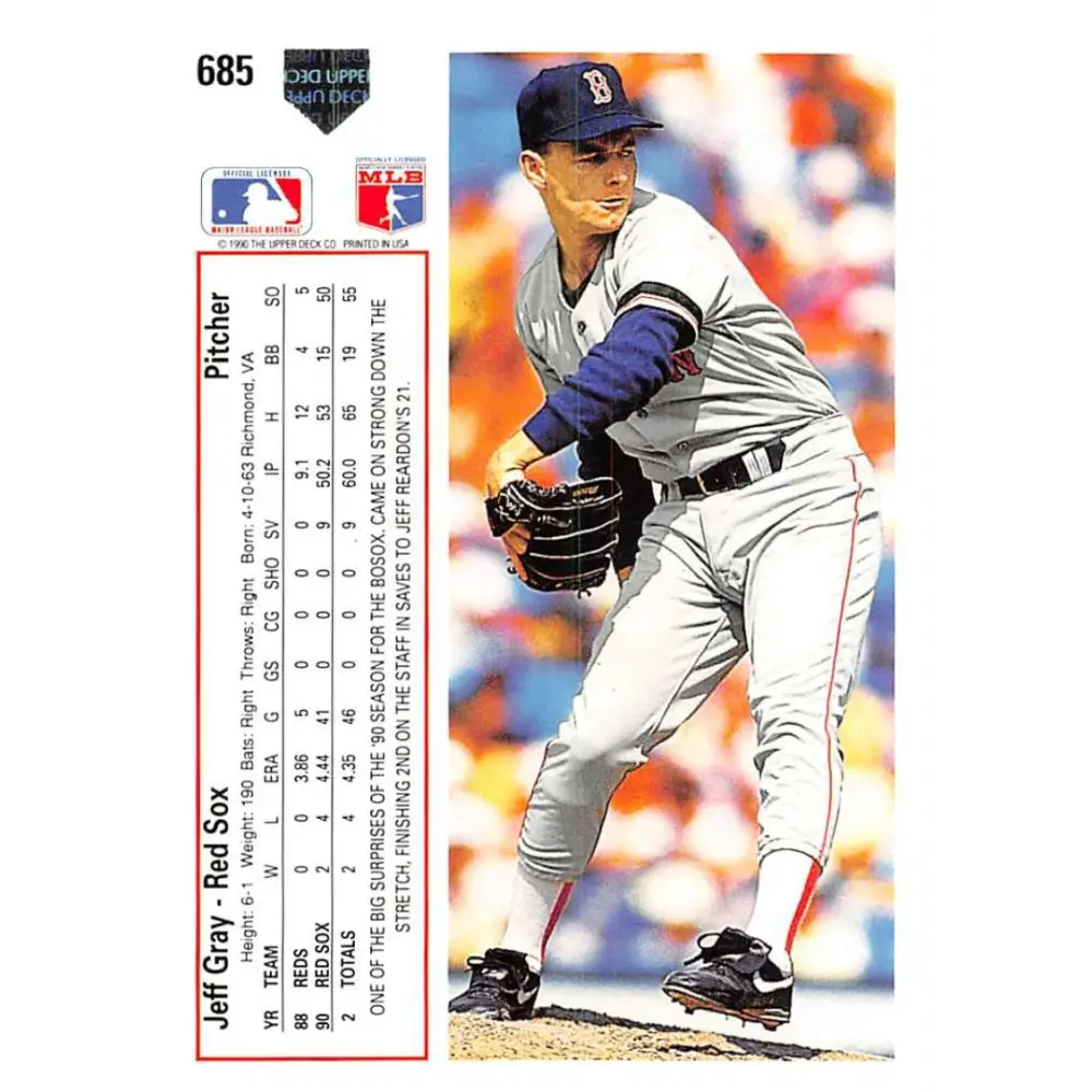 1991 Upper Deck #685 Jeff Gray NM-MT RC Rookie Boston Red Sox Baseball Card Image 2