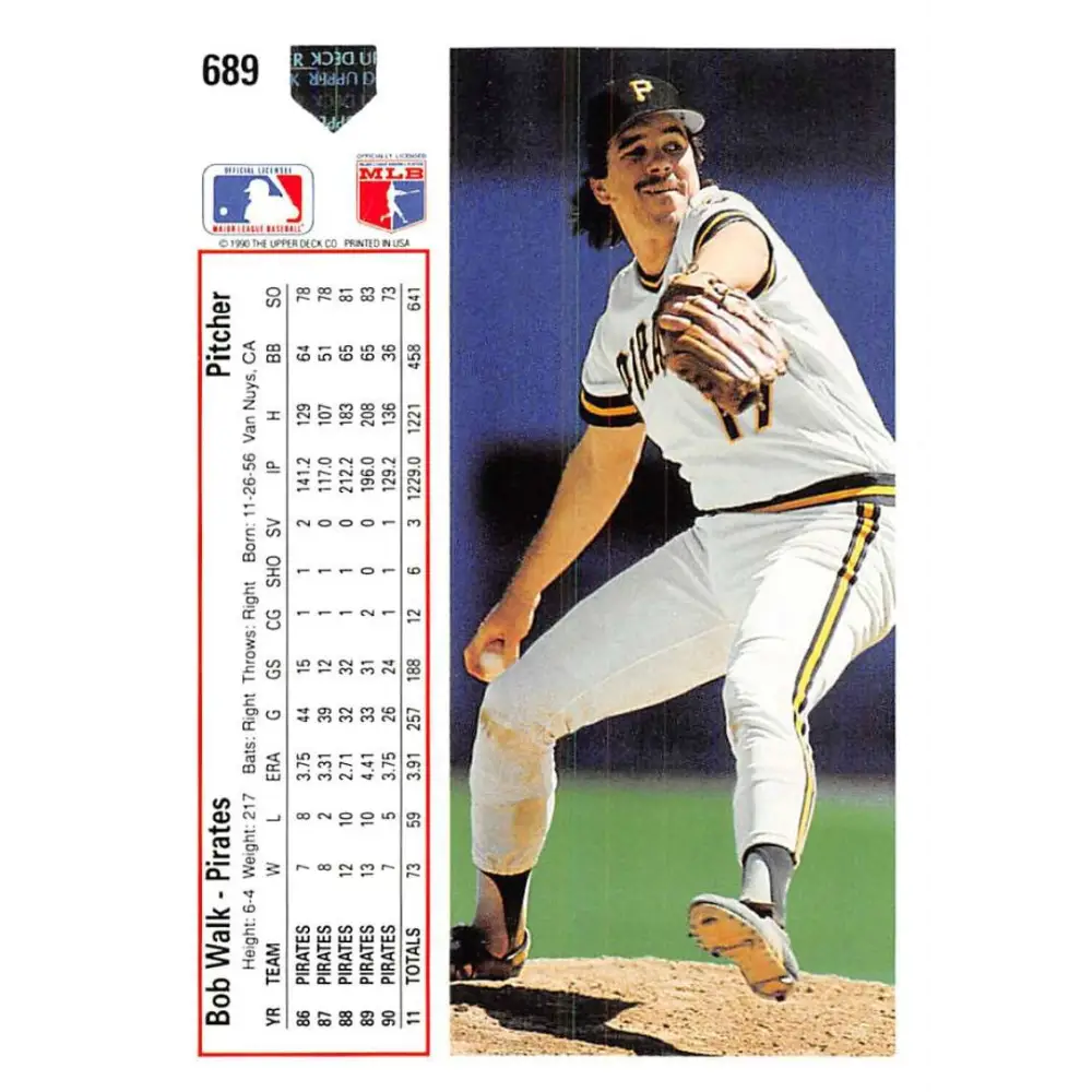 1991 Upper Deck #689 Bob Walk EX Excellent Pittsburgh Pirates Baseball Card Image 2