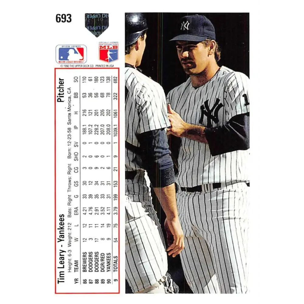 1991 Upper Deck #693 Tim Leary NM-MT New York Yankees Baseball Card Image 2