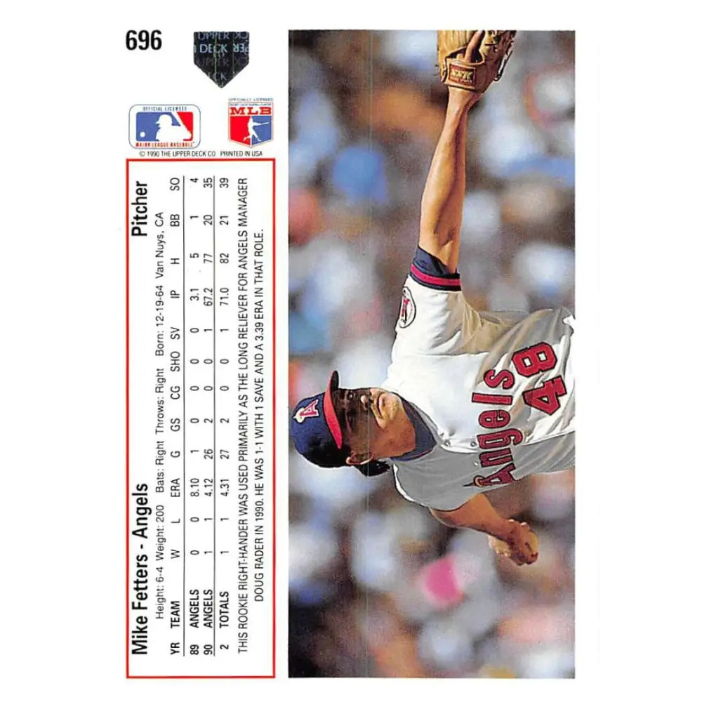 1991 Upper Deck #696 Mike Fetters EX Excellent California Angels Baseball Card Image 2