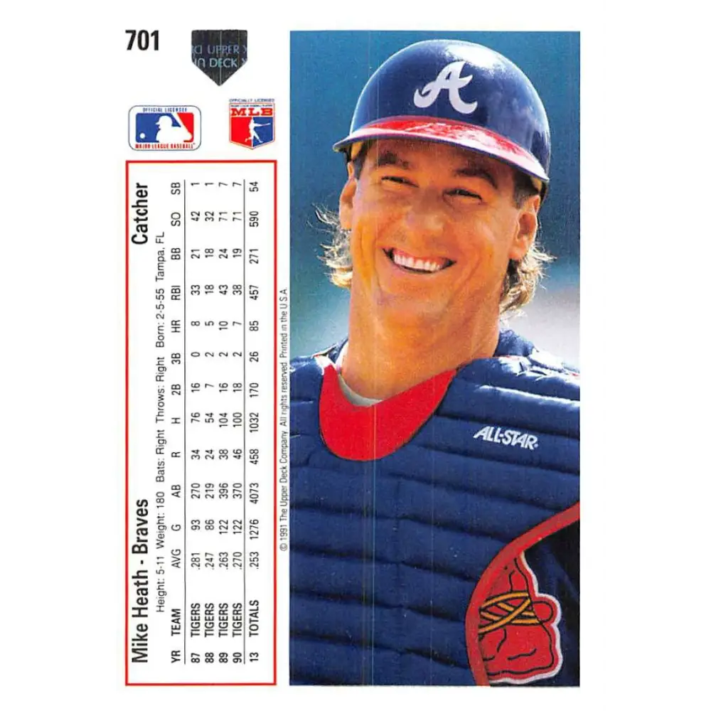 1991 Upper Deck #701 Mike Heath EX Excellent Atlanta Braves Baseball Card Image 2