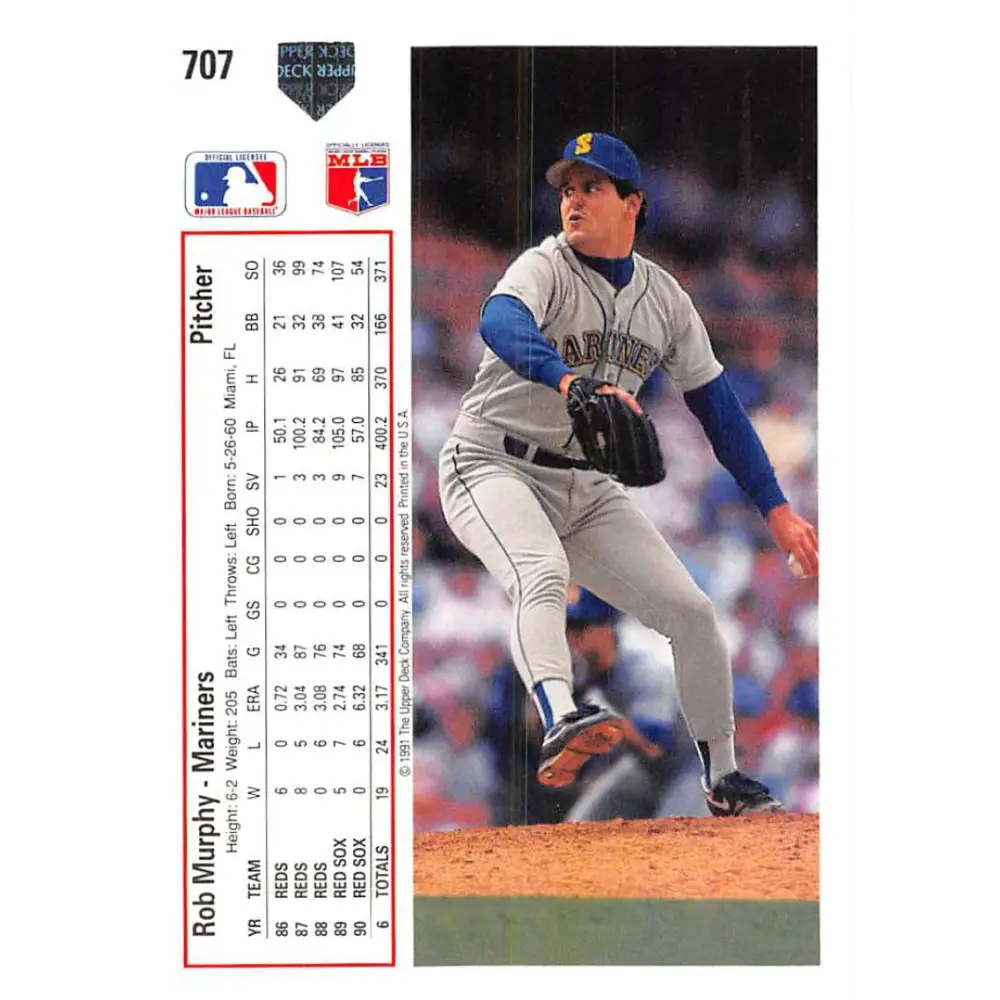 1991 Upper Deck #707 Rob Murphy EX Excellent Seattle Mariners Baseball Card Image 2