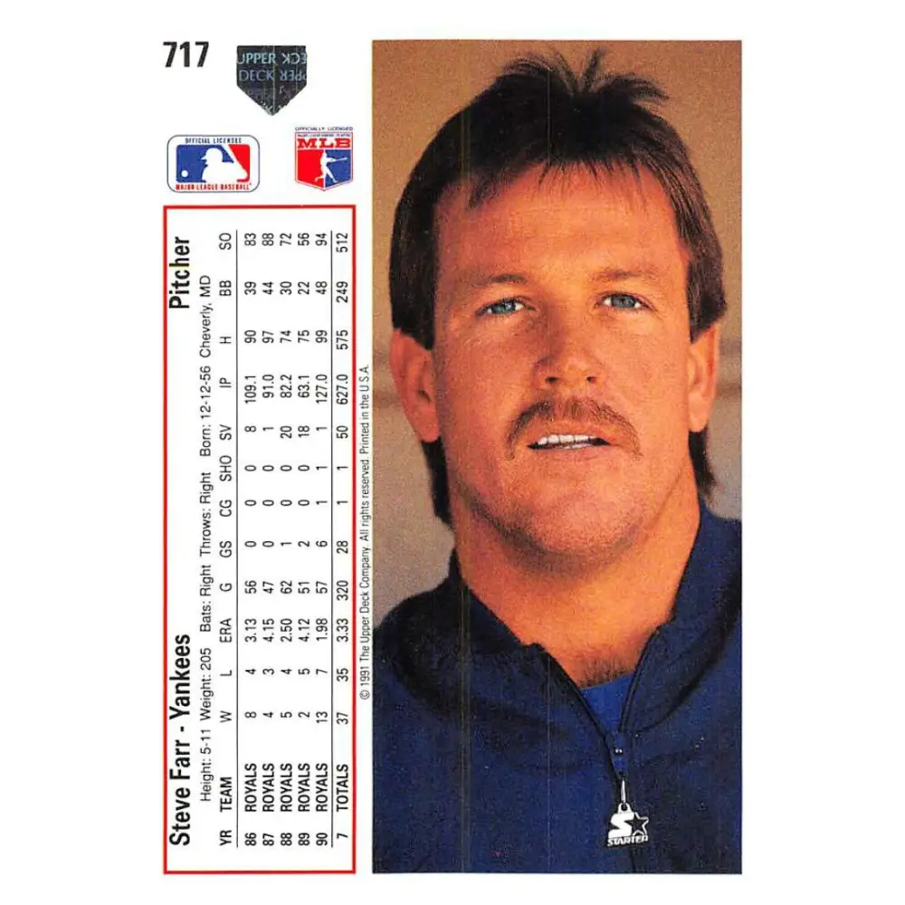 1991 Upper Deck #717 Steve Farr EX Excellent New York Yankees Baseball Card Image 2