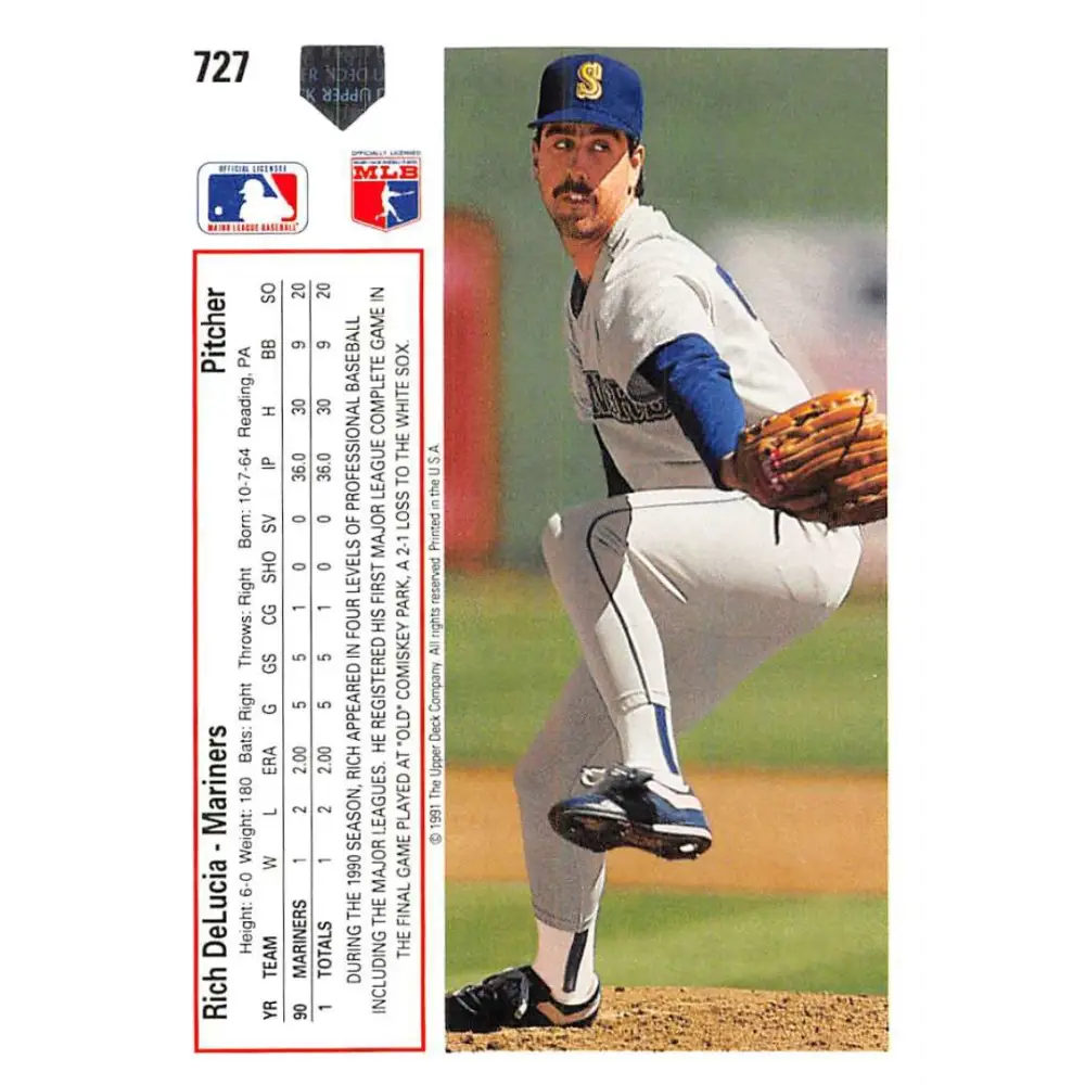 1991 Upper Deck #727 Rich DeLucia EX Excellent RC Rookie Seattle Mariners Baseball Card Image 2