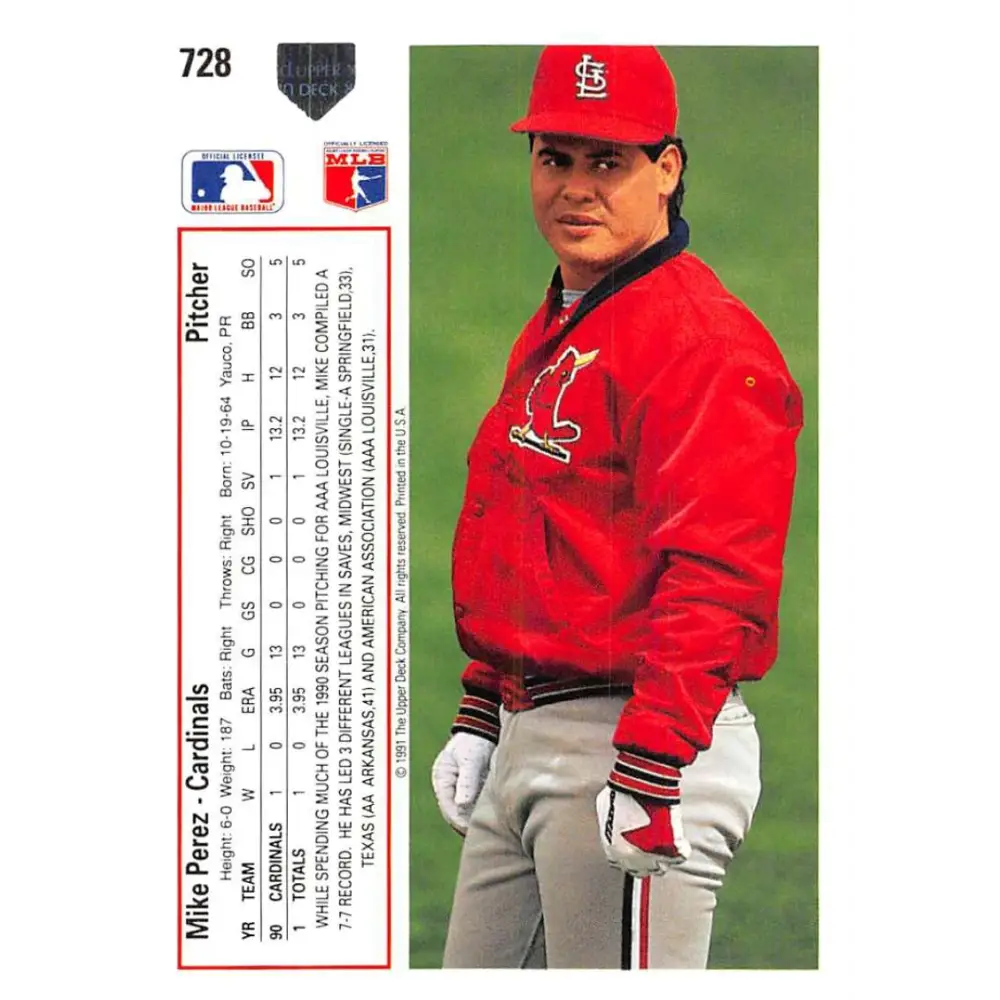 1991 Upper Deck #728 Mike Perez NM-MT RC Rookie St. Louis Cardinals Baseball Card Image 2