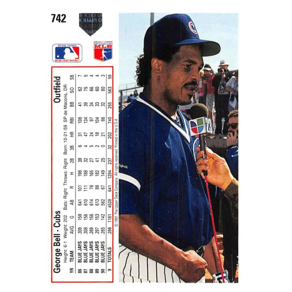 1991 Upper Deck #742 George Bell EX Excellent Chicago Cubs Baseball Card Image 2