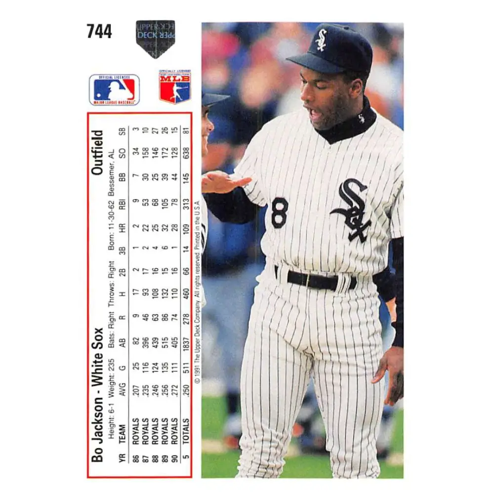 1991 Upper Deck #744 Bo Jackson EX Excellent Chicago White Sox Baseball Card Image 2