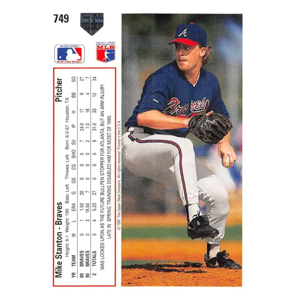 1991 Upper Deck #749 Mike Stanton EX Excellent Atlanta Braves Baseball Card Image 2