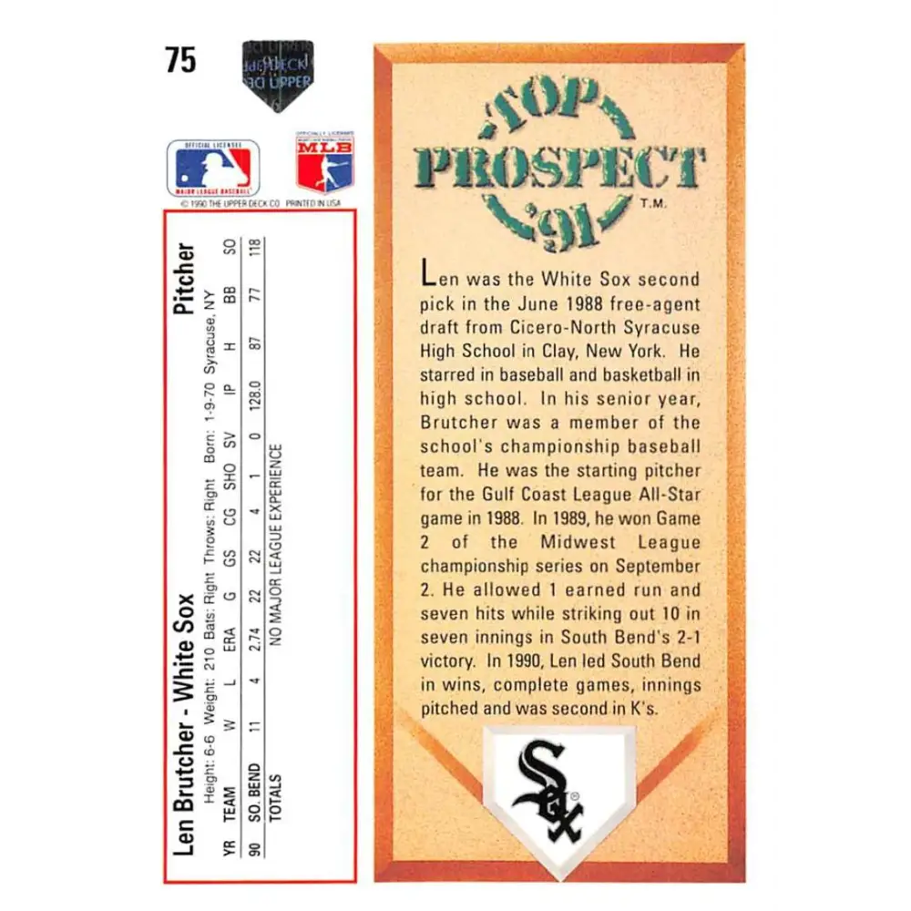 1991 Upper Deck #75 Len Brutcher EX Excellent RC Rookie Chicago White Sox Baseball Card Image 2