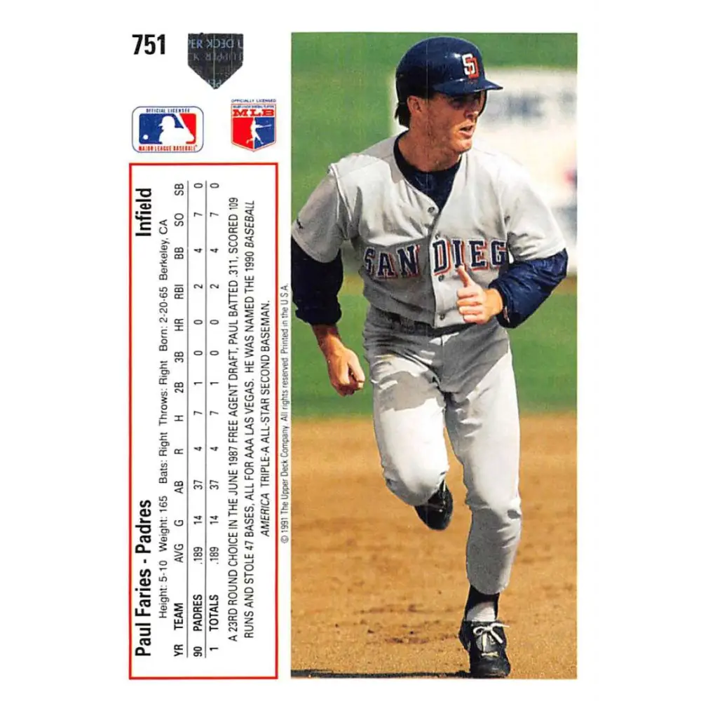 1991 Upper Deck #751 Paul Faries EX Excellent RC Rookie San Diego Padres Baseball Card Image 2