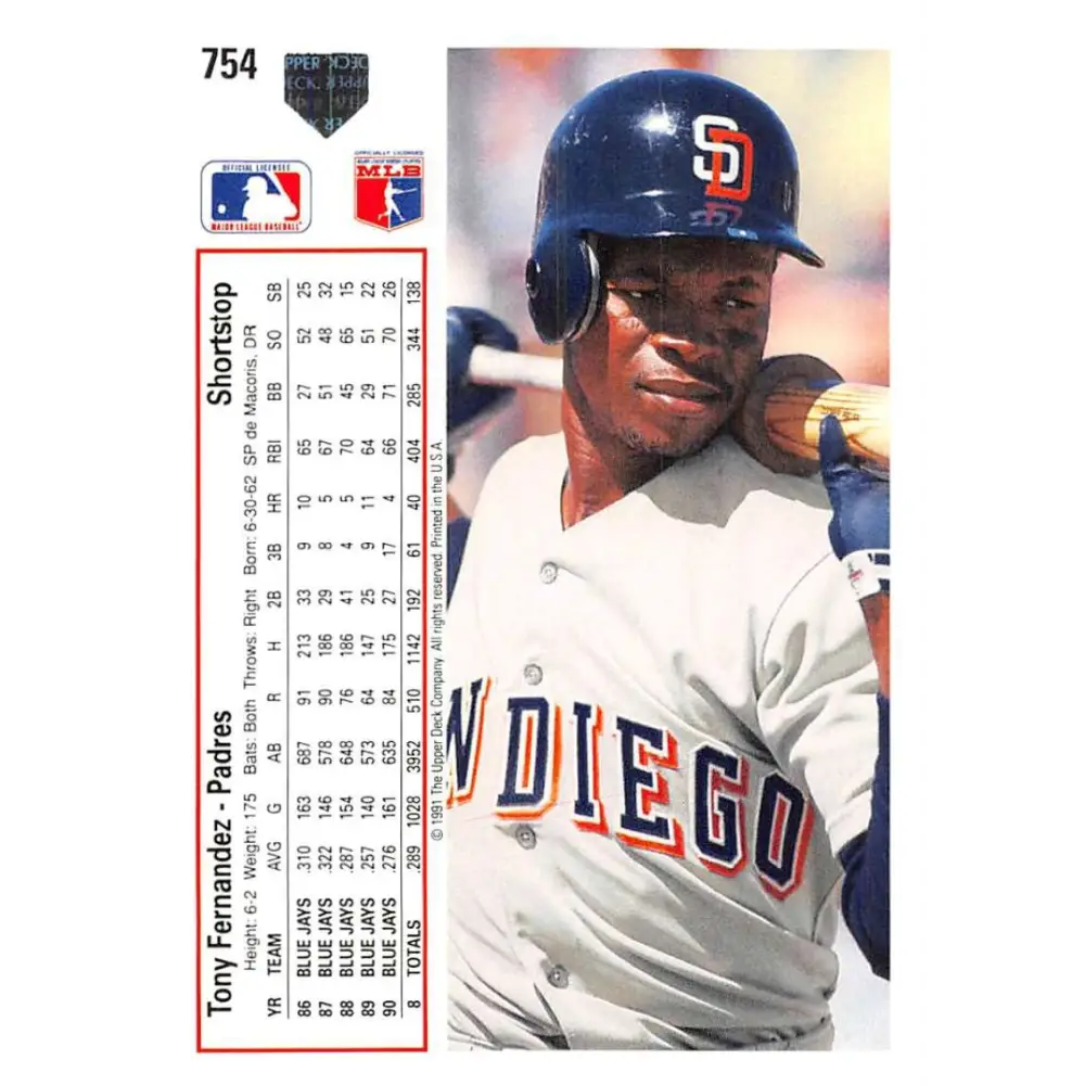 1991 Upper Deck #754 Tony Fernandez EX Excellent San Diego Padres Baseball Card Image 2