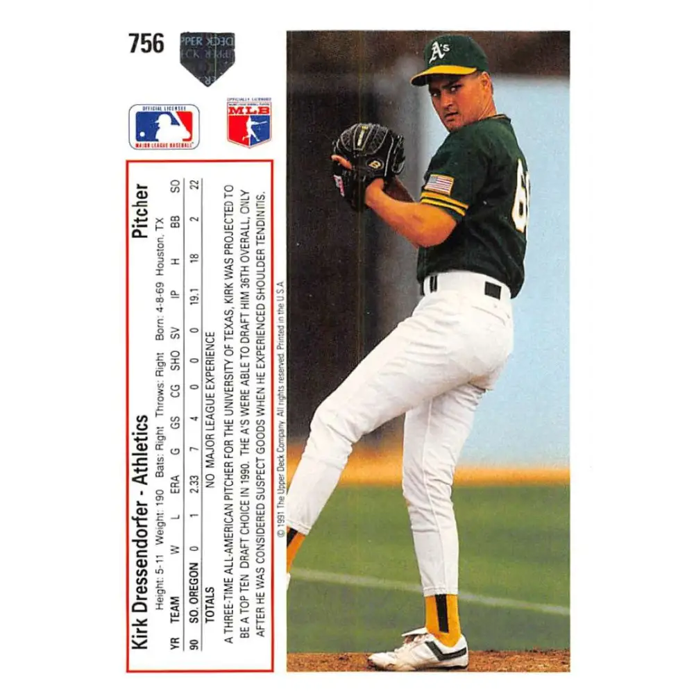 1991 Upper Deck #756 Kirk Dressendorfer NM-MT RC Rookie Oakland Athletics Baseball Card Image 2