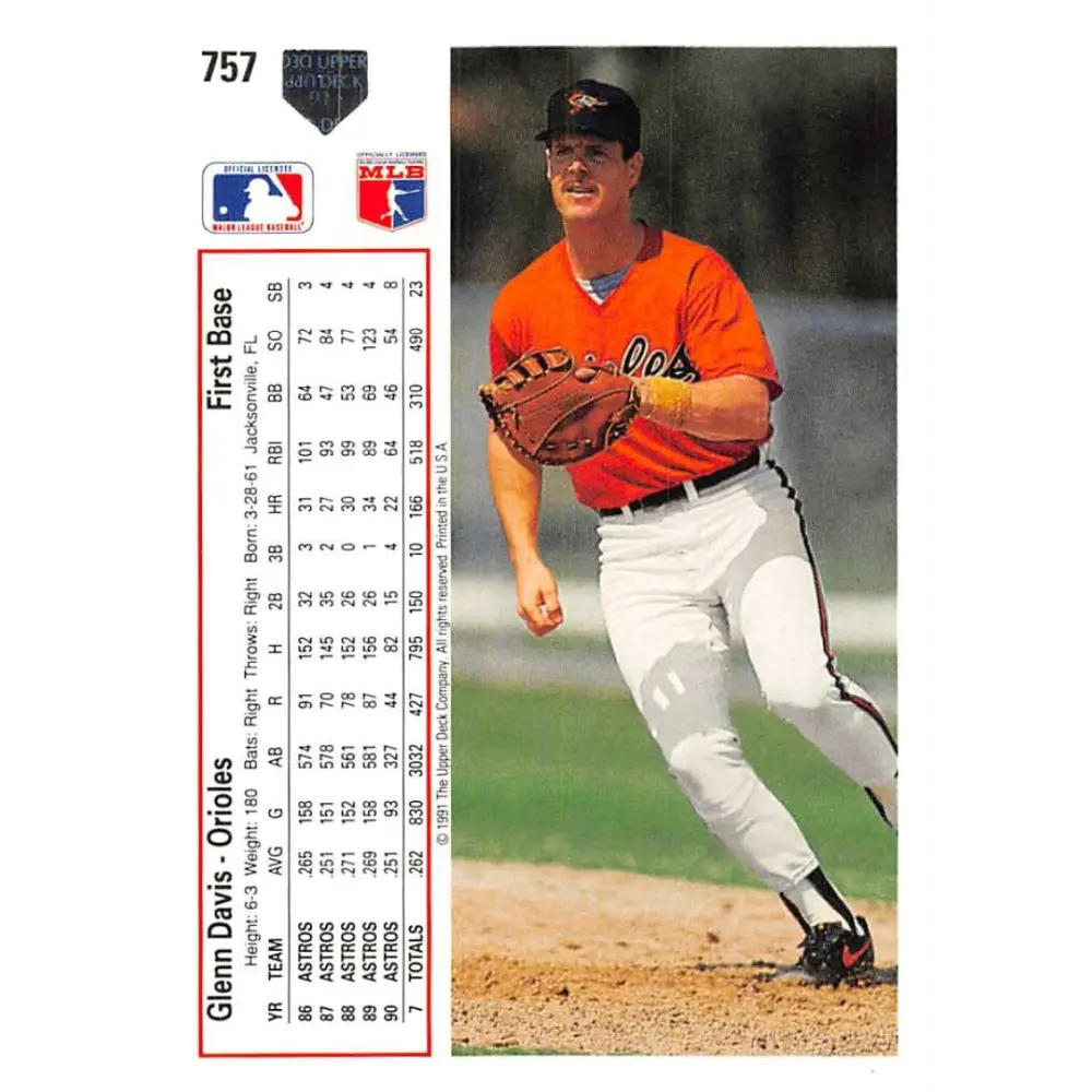 1991 Upper Deck #757 Glenn Davis EX Excellent Baltimore Orioles Baseball Card Image 2