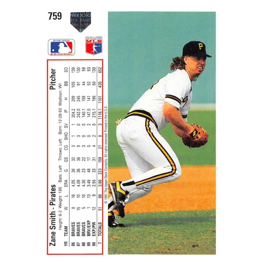 1991 Upper Deck #759 Zane Smith EX Excellent Pittsburgh Pirates Baseball Card Image 2