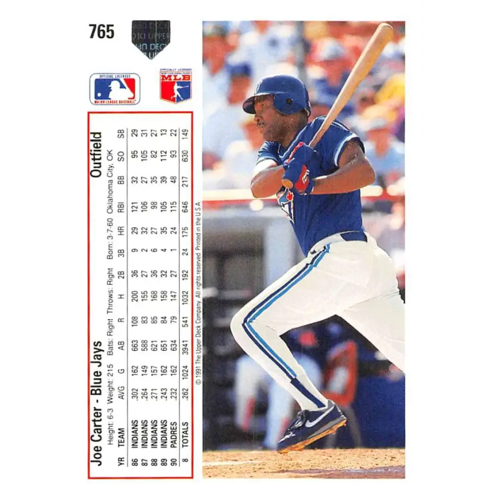 1991 Upper Deck #765 Joe Carter NM-MT Toronto Blue Jays Baseball Card Image 2