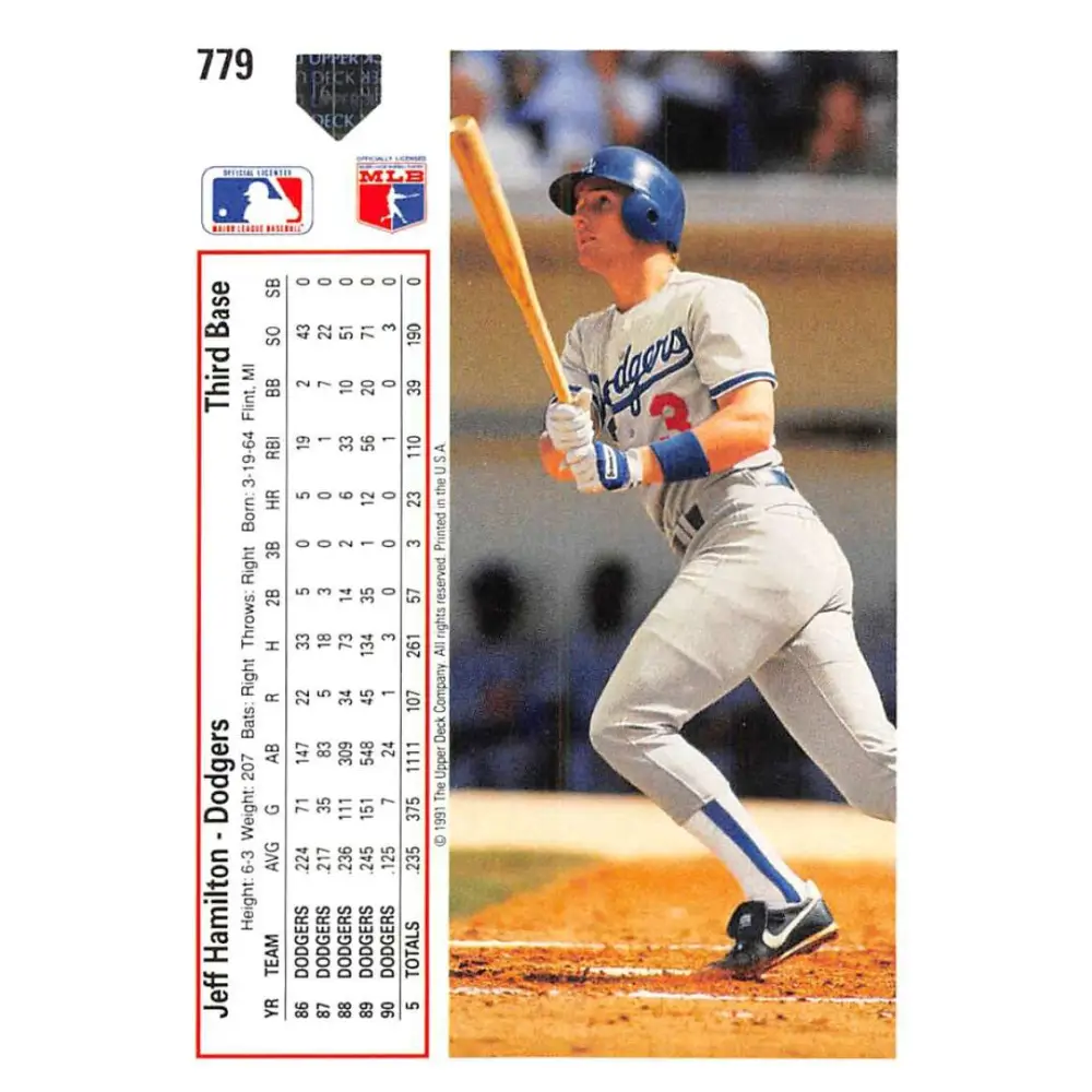 1991 Upper Deck #779 Jeff Hamilton EX Excellent Los Angeles Dodgers Baseball Card Image 2