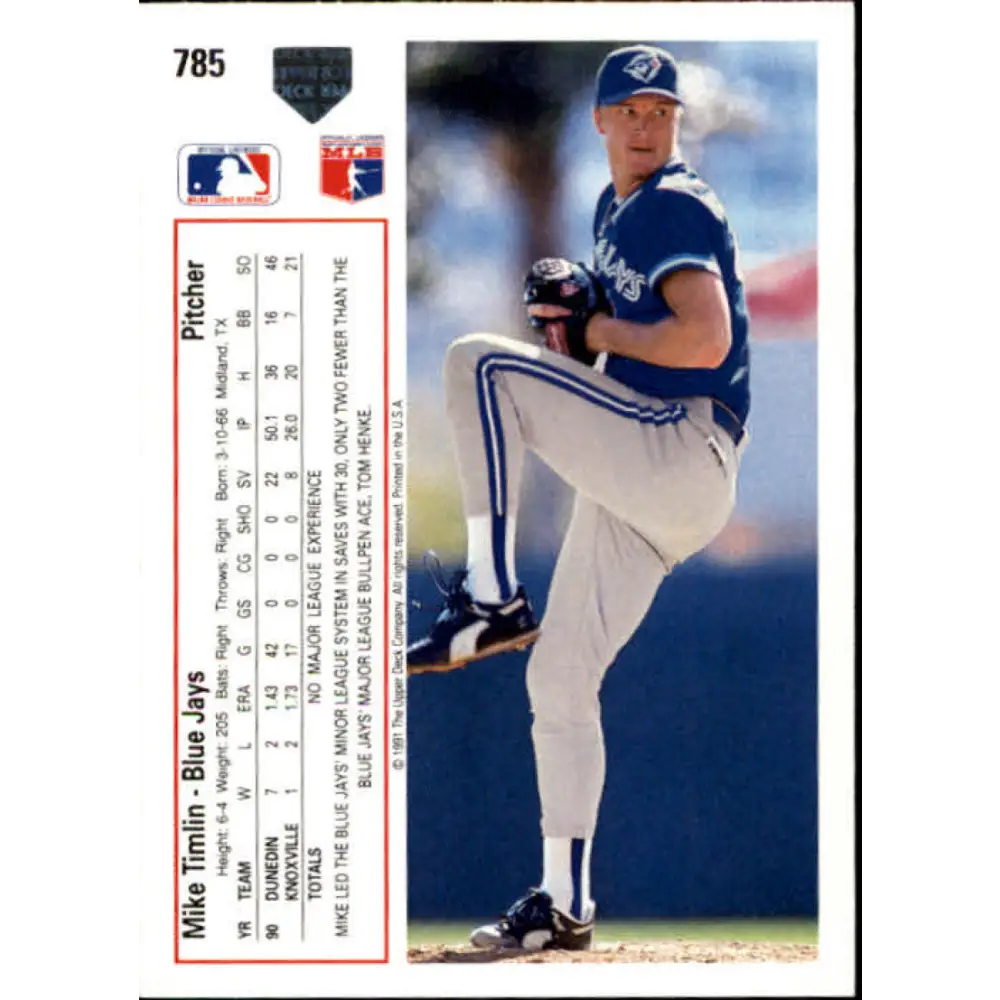 1991 Upper Deck #785 Mike Timlin EX Excellent RC Rookie Toronto Blue Jays Baseball Card Image 2