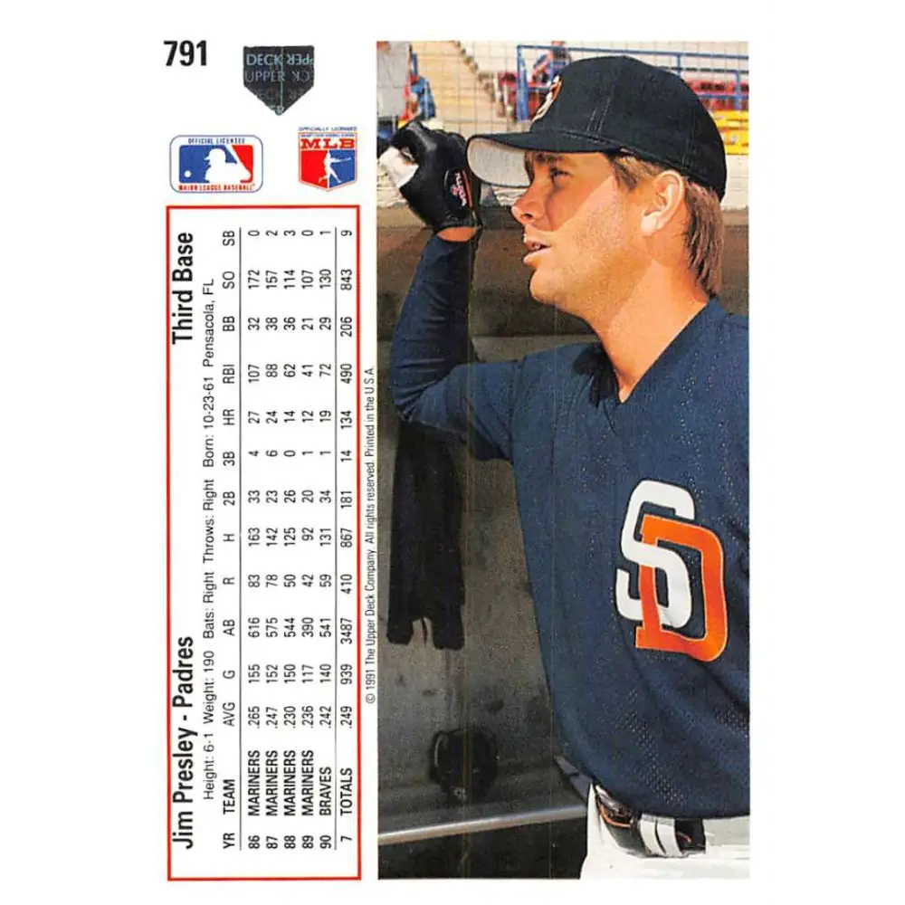1991 Upper Deck #791 Jim Presley EX Excellent San Diego Padres Baseball Card Image 2
