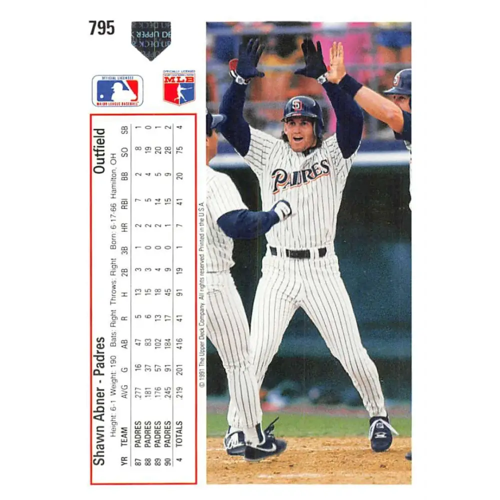 1991 Upper Deck #795 Shawn Abner NM-MT San Diego Padres Baseball Card Image 2