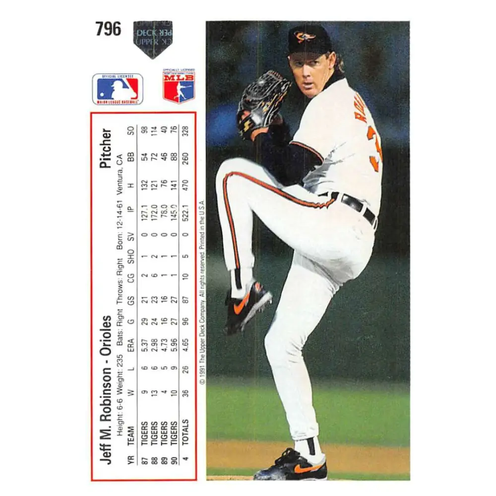 1991 Upper Deck #796 Jeff Robinson EX Excellent Baltimore Orioles Baseball Card Image 2