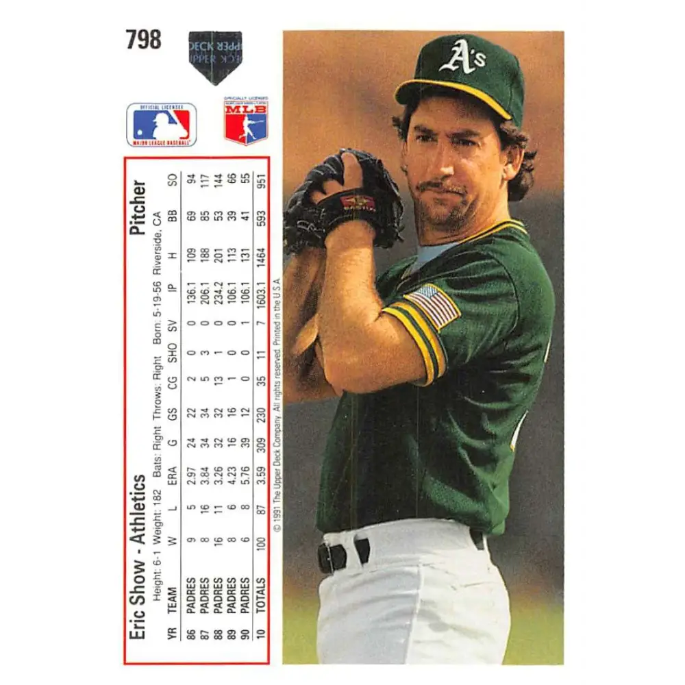 1991 Upper Deck #798 Eric Show NM-MT Oakland Athletics Baseball Card Image 2