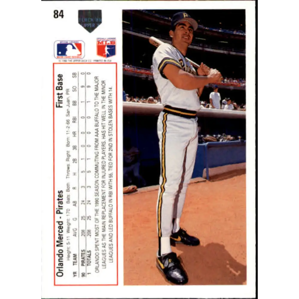 1991 Upper Deck #84 Orlando Merced NM-MT RC Rookie Pittsburgh Pirates Baseball Card Image 2