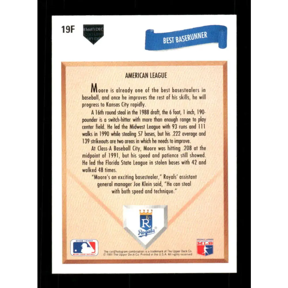 1991 Upper Deck Final Edition #19 Kerwin Moore EX Excellent RC Rookie Kansas City Royals Baseball Card Image 2