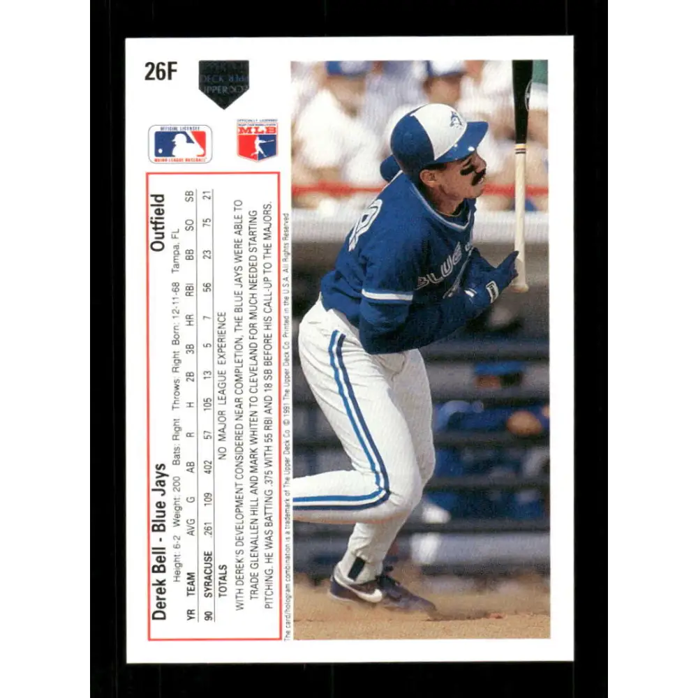 1991 Upper Deck Final Edition #26 Derek Bell EX Excellent Toronto Blue Jays Baseball Card Image 2
