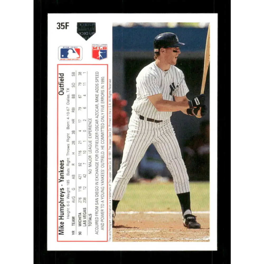 1991 Upper Deck Final Edition #35 Mike Humphreys EX Excellent RC Rookie New York Yankees Baseball Card Image 2