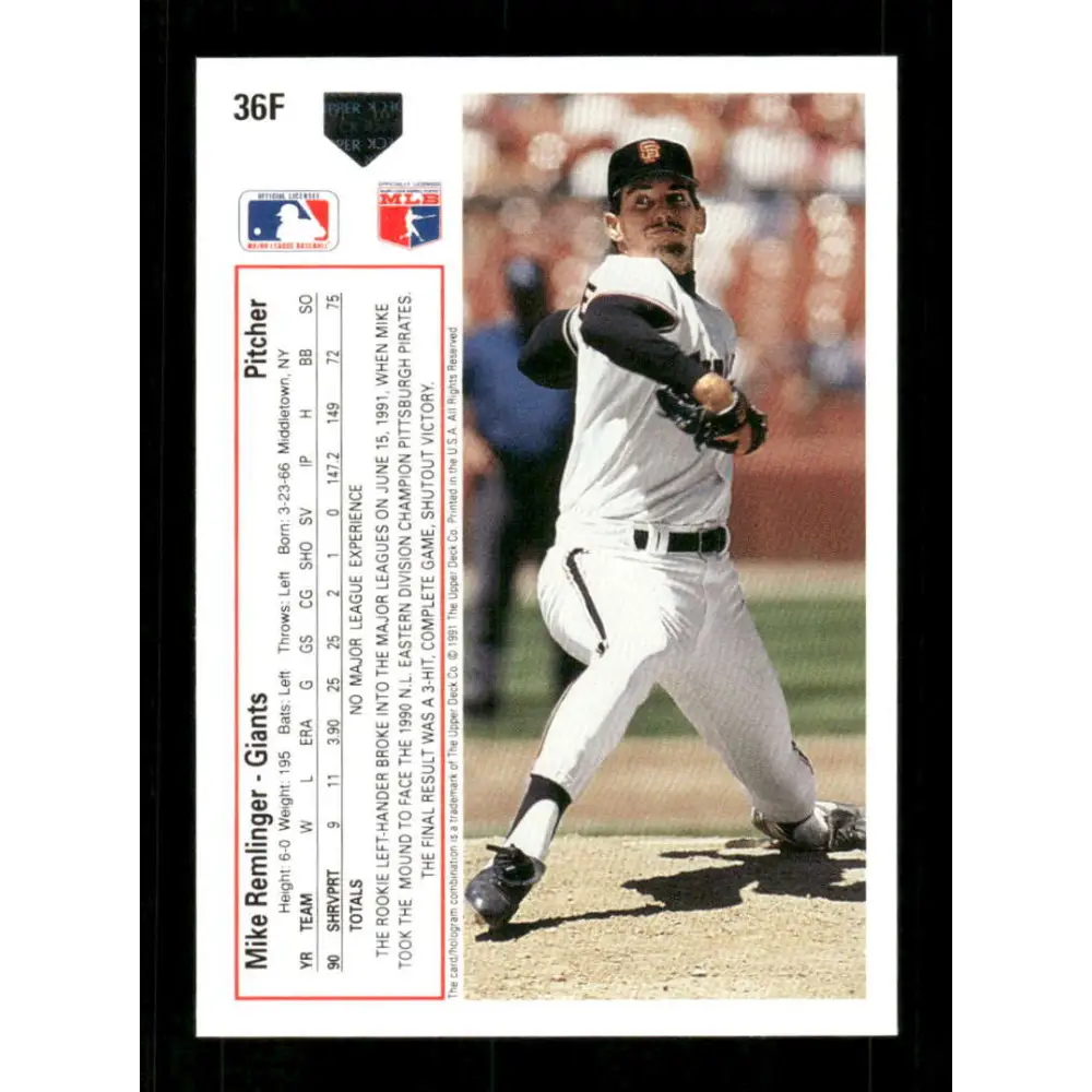 1991 Upper Deck Final Edition #36 Mike Remlinger EX Excellent San Francisco Giants Baseball Card Image 2