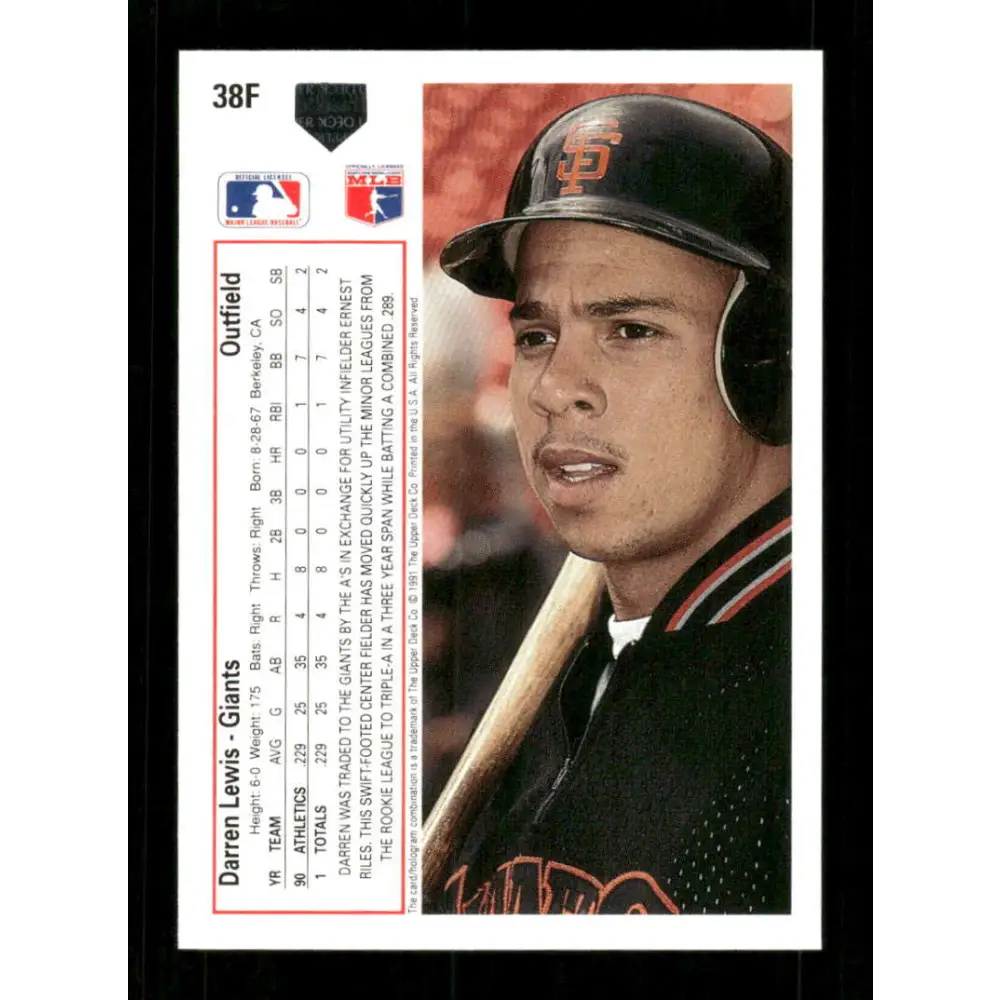 1991 Upper Deck Final Edition #38 Darren Lewis EX Excellent San Francisco Giants Baseball Card Image 2