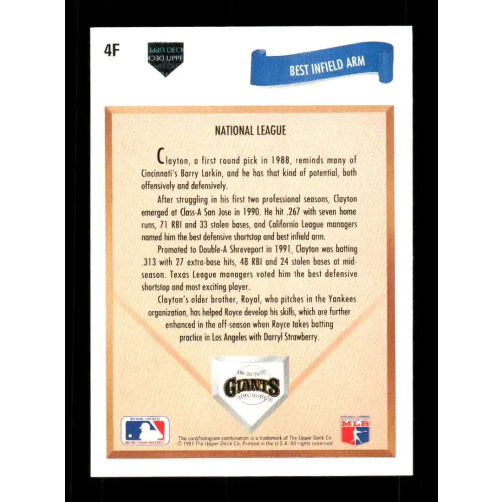 1991 Upper Deck Final Edition #4 Royce Clayton EX Excellent San Francisco Giants Baseball Card Image 2