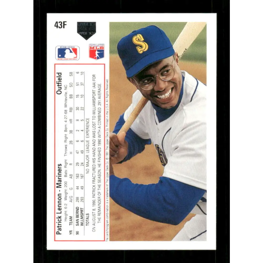 1991 Upper Deck Final Edition #43 Patrick Lennon EX Excellent RC Rookie Seattle Mariners Baseball Card Image 2